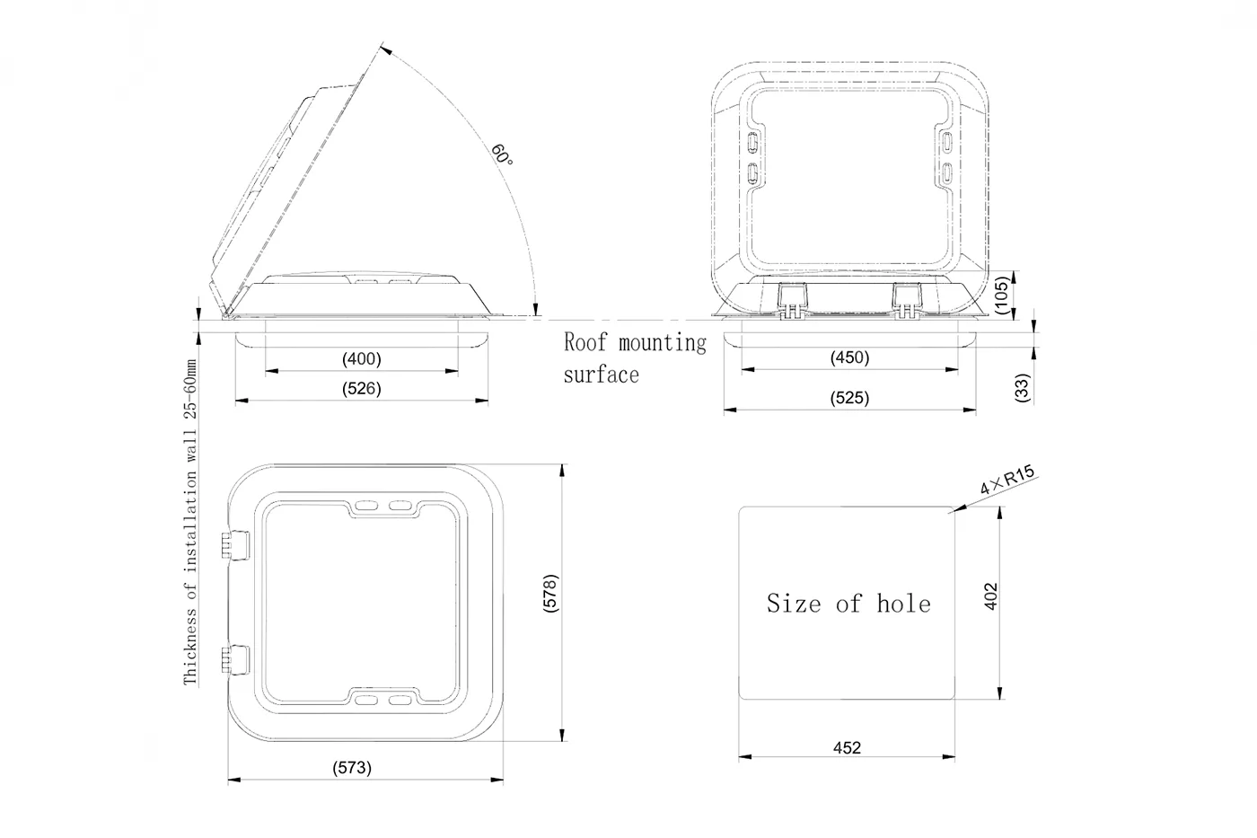 NomadicArk 450 x 400 Van and RV Skylight Roof Hatch with LED Lights, Blind, and Bug Screen - Image 7