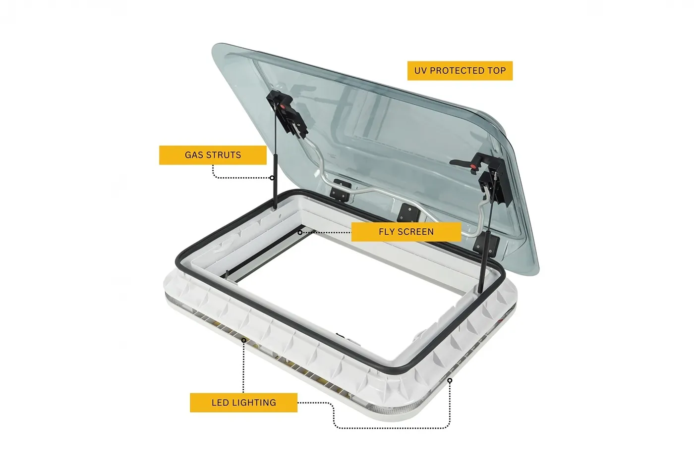 NomadicArk 700 x 500 Van and RV Skylight Roof Hatch with Blind and Bug Screen - Image 4