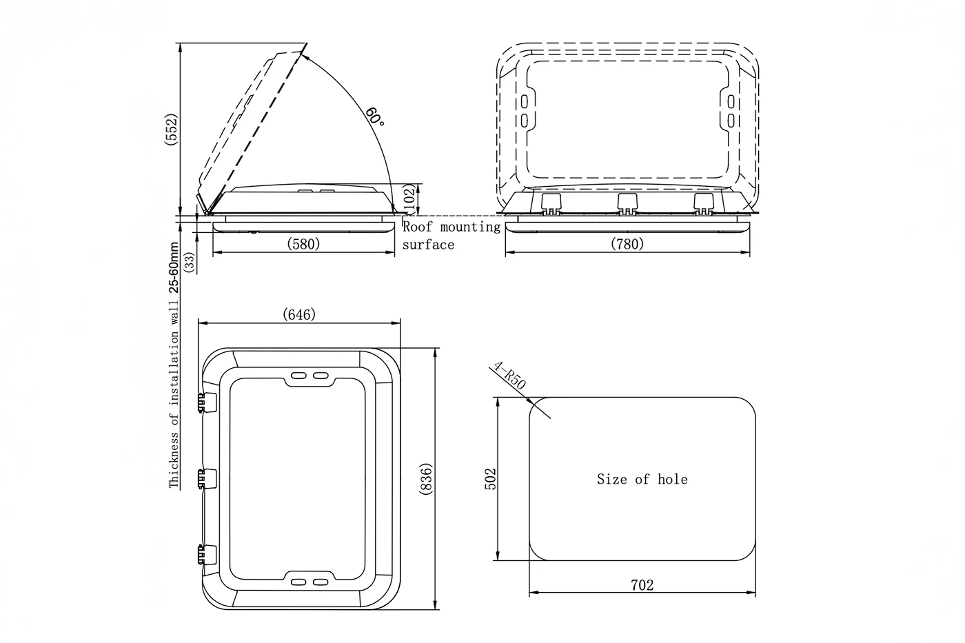 NomadicArk 700 x 500 Van and RV Skylight Roof Hatch with Blind and Bug Screen - Image 7